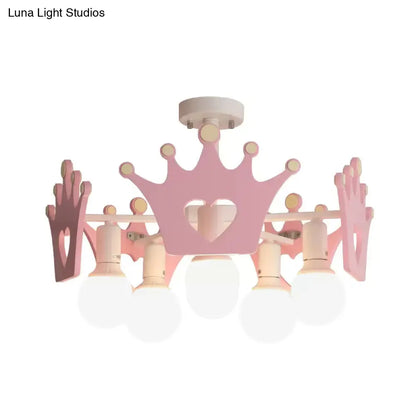 DecorBites™ DecorBites™ Pink Sputnik Semi Flush Mount Ceiling Light - Nordic Style with 6 Metal Bulbs and Wooden Crown Deco