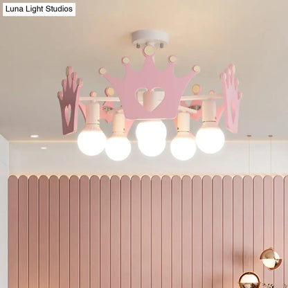 DecorBites™ DecorBites™ Pink Sputnik Semi Flush Mount Ceiling Light - Nordic Style with 6 Metal Bulbs and Wooden Crown Deco
