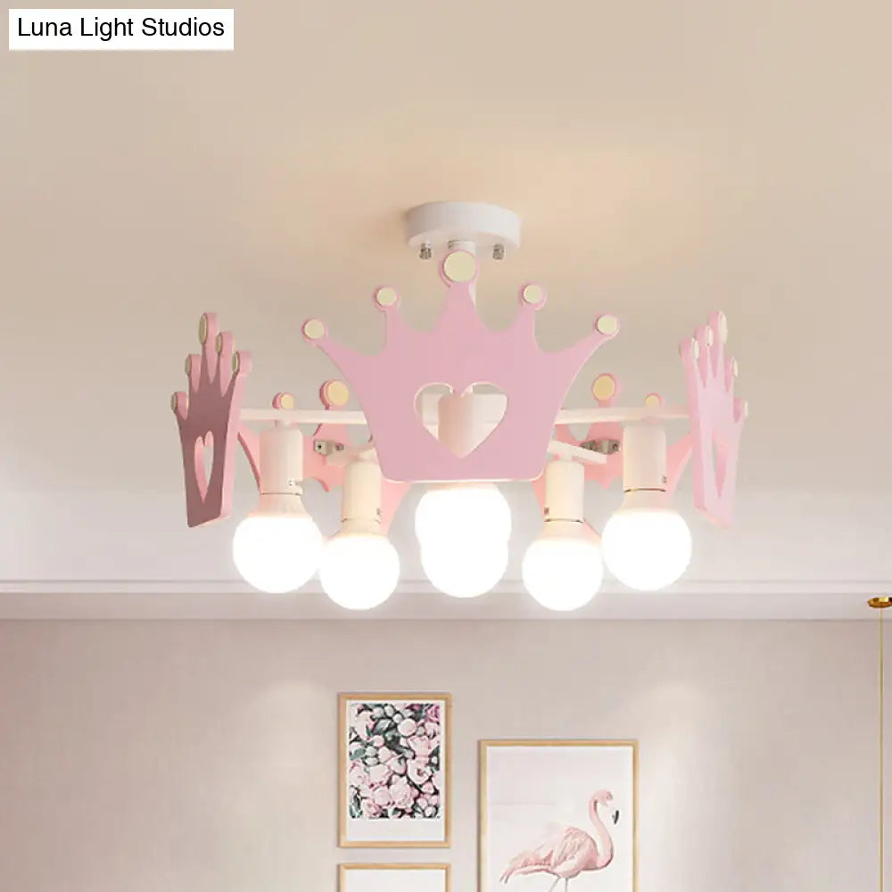 DecorBites™ DecorBites™ Pink Sputnik Semi Flush Mount Ceiling Light - Nordic Style with 6 Metal Bulbs and Wooden Crown Deco