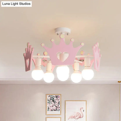 DecorBites™ DecorBites™ Pink Sputnik Semi Flush Mount Ceiling Light - Nordic Style with 6 Metal Bulbs and Wooden Crown Deco