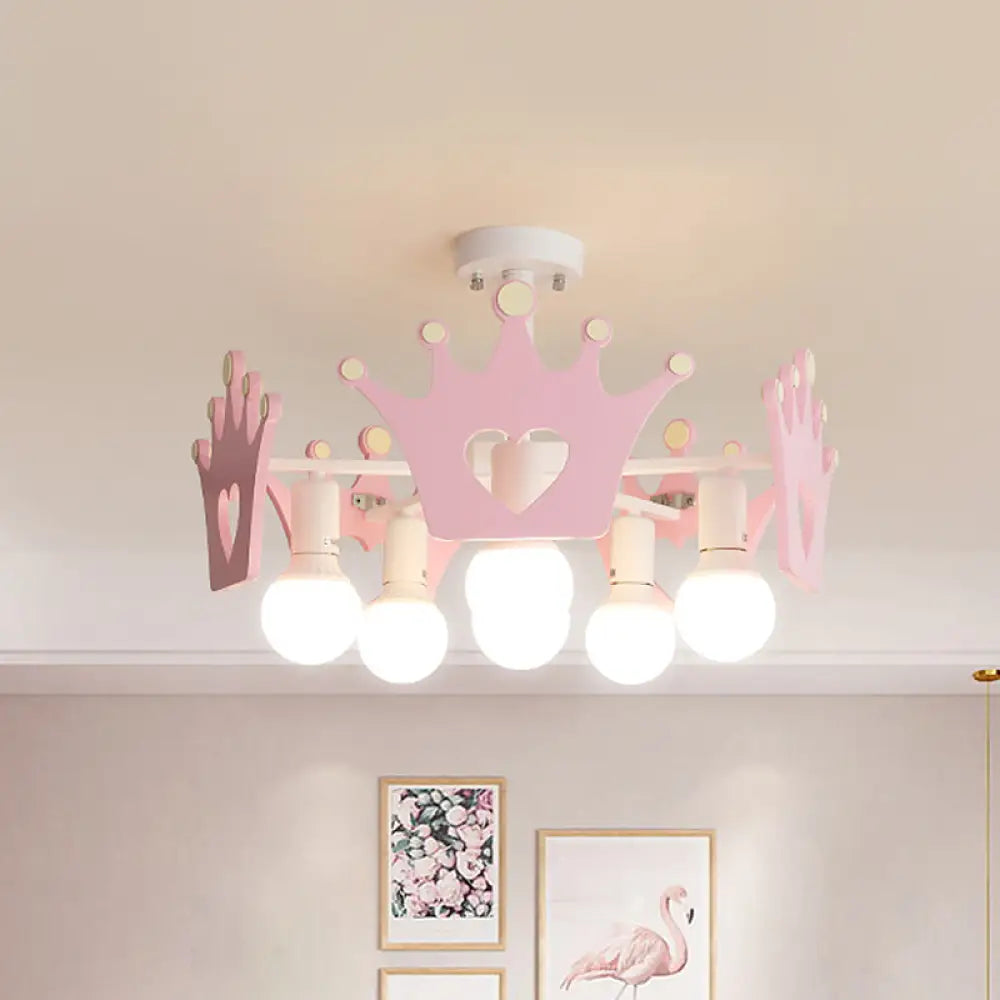 DecorBites™ DecorBites™ Pink Sputnik Semi Flush Mount Ceiling Light - Nordic Style with 6 Metal Bulbs and Wooden Crown Deco