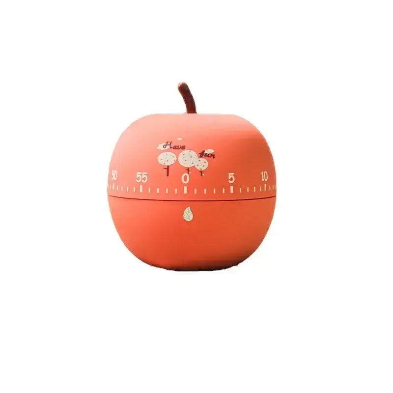 Coral-colored apple-shaped cake kitchen timer with brown stem and white markings for cute cartoon cake baking use