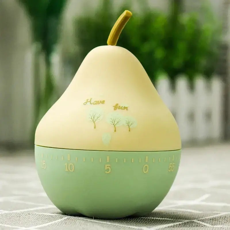 Pastel green and cream pear-shaped cake kitchen timer with yellow stem and have fun design for cute cartoon cake use