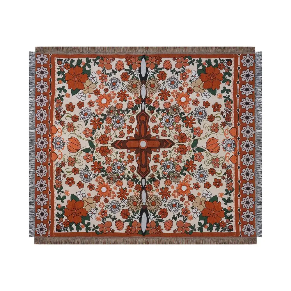 A square woven throw blanket with vibrant orange cream and green floral pattern and fringed edges for decorbites cat strawberry knitted blanket