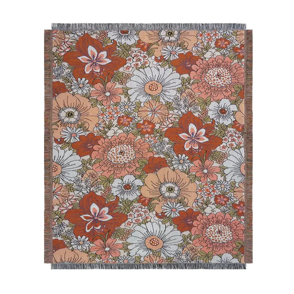 Pink strawberry knitted blanket with vintage floral terracotta pattern and textured fringe for sofa decorbites cat strawberry