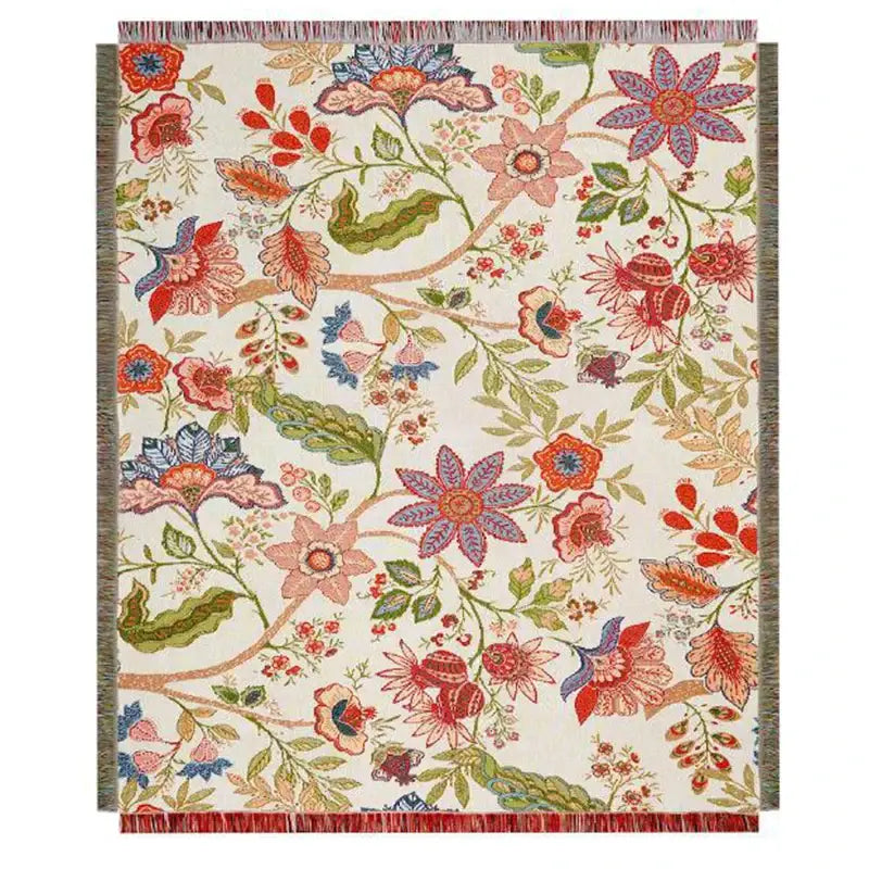 Cream-colored woven tapestry with vibrant floral pattern on pink strawberry knitted blanket decorbites cat strawberry