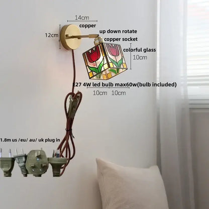 Copper wall light decorbites copper butterfly glass sconce with colorful stained glass cube and red tulip design