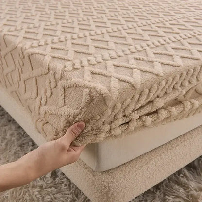 Beige plush bed sheet with raised diamond-patterned texture made of cozy tafu fleece queen for decorbites bedroom use
