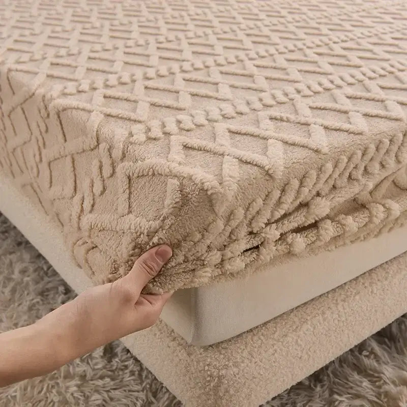 Beige plush bed sheet with raised diamond-patterned texture made of cozy tafu fleece queen for decorbites bedroom use