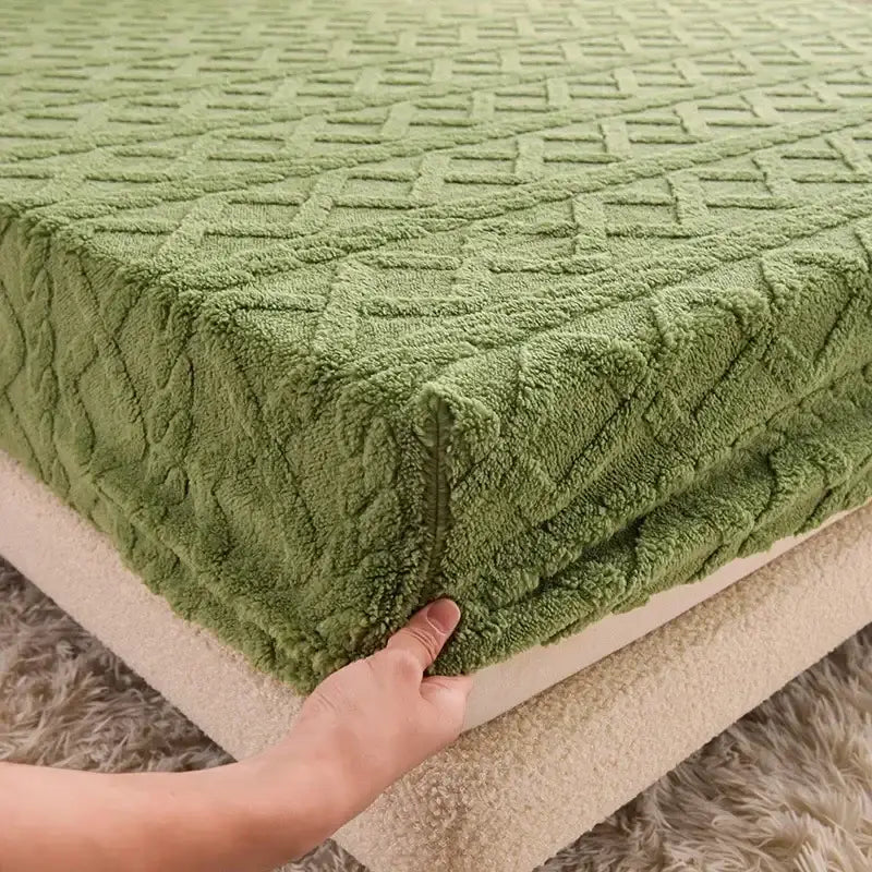 A plush olive-green cozy tafu fleece queen bed mattress cover with raised diamond texture for decorbites cozy tafu decor