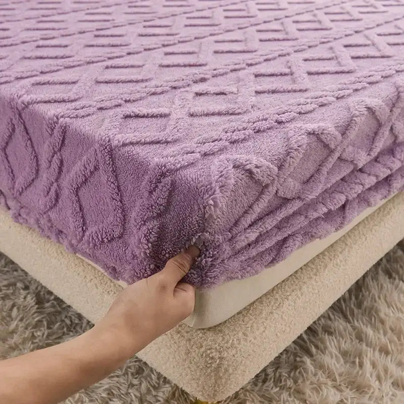 A plush lavender cozy tafu fleece queen bed sheet with a raised geometric pattern for decorbites cozy tafu bedroom use