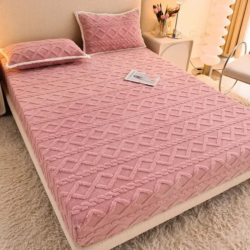 Pink textured cozy tafu fleece queen bedspread with diamond cable knit pattern and soft plush material for bedroom decorbites cozy tafu