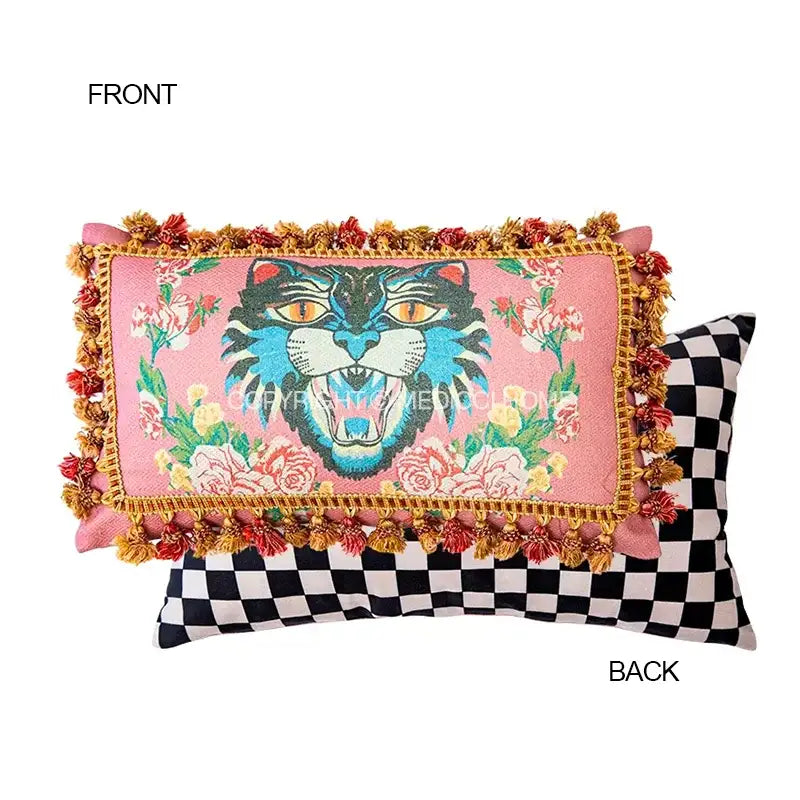 Pink tiger cat print velvet cushion cover with blue and black tiger, floral patterns, gold trim, and tassels for living room