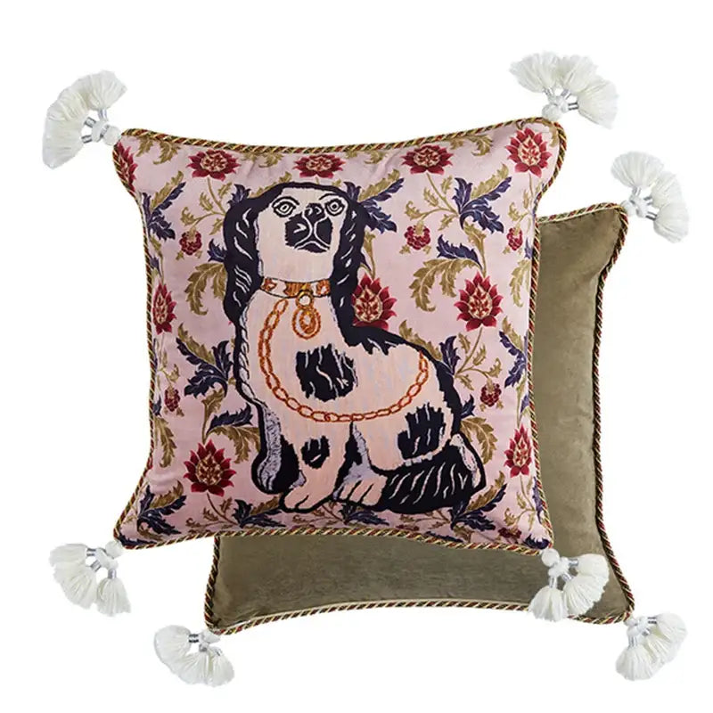 Pink velvet cushion cover with embroidered spaniel and floral patterns, cream tassels, ideal for living room decor