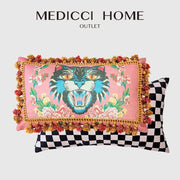 Pink rectangular cat print velvet cushion cover with vibrant embroidered tiger and colorful tassels for living room