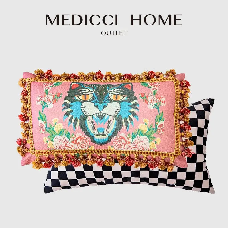 Pink rectangular cat print velvet cushion cover with vibrant embroidered tiger and colorful tassels for living room