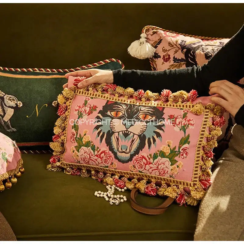 Pink tiger cat print velvet cushion cover in living room style with black tiger embroidery and golden tassels edges