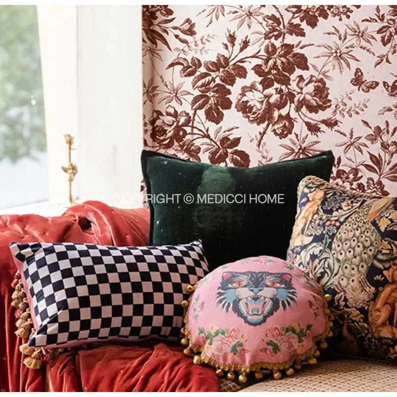 Pink tiger cat print velvet cushion cover with roaring cat face floral embroidery and gold pom-pom tassels for living room
