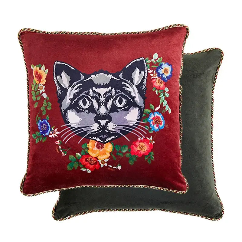 Red velvet cushion cover with embroidered cat print and colorful floral patterns for living room decor
