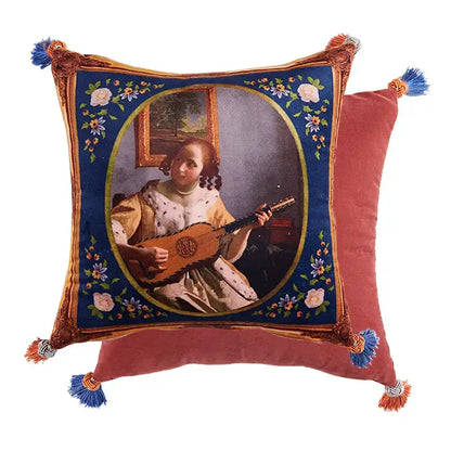 Square cushion cover featuring pink tiger cat print velvet with a tapestry woman playing lute and ornate tassels