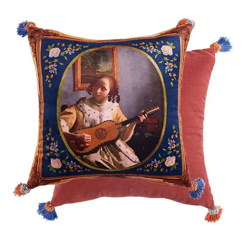 Square cushion cover featuring pink tiger cat print velvet with a tapestry woman playing lute and ornate tassels
