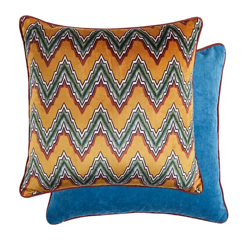 Vibrant orange velvet cushion cover with bold zigzag pattern and red border for living room cat print velvet decor