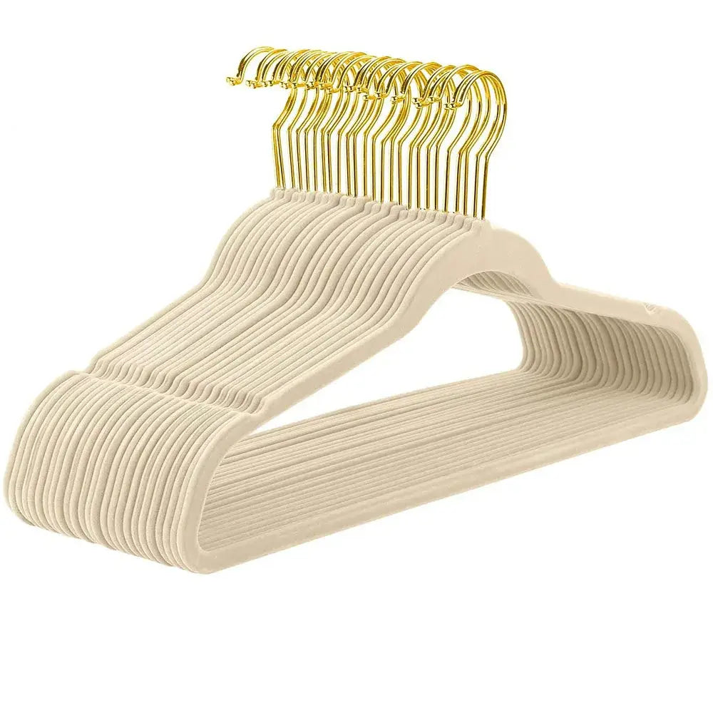 Beige velvet-coated wooden 45cm flocking hanger with gold-tone metal hooks by decorbites for bedroom trousers rack