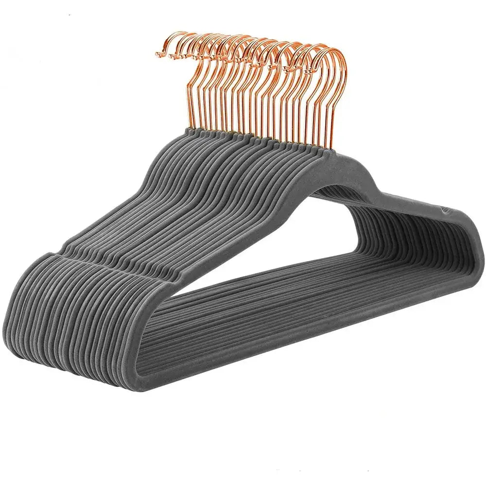 Set of gray velvet coated 45cm flocking hangers with rose gold metal hooks by decorbites for bedroom trousers rack