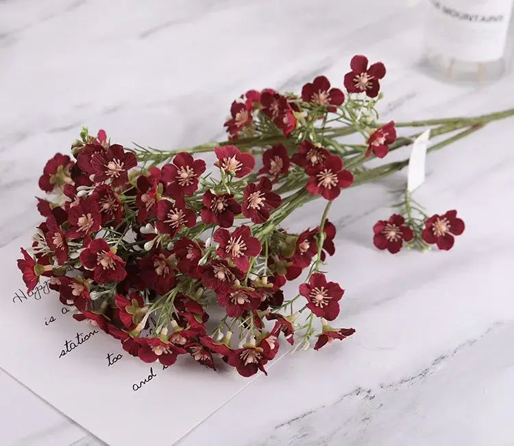 Pink and white artificial flowers babys breath wedding bouquet with deep red decorbites imitation flower stems and pink centers