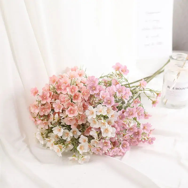 Pink and white artificial flowers babys breath wedding bouquet with slender green stems by decorbites imitation flower