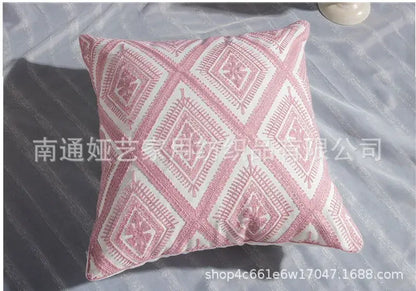 Pink and white cotton flower embroidered geometry throw pillow for living room decorbites cotton flower design