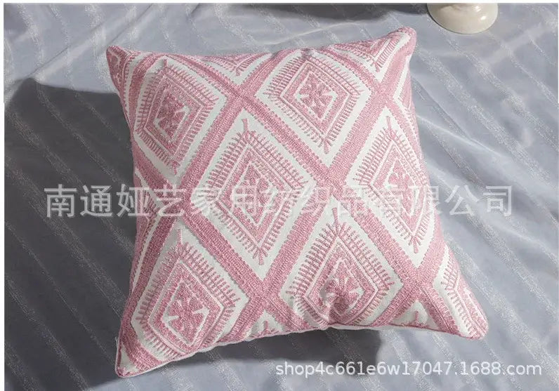 Pink and white cotton flower embroidered geometry throw pillow for living room decorbites cotton flower design