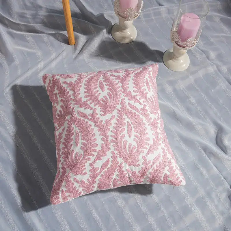 Pink and white cotton flower embroidered geometry pillow with leafy pattern for living room decorbites cotton flower decor
