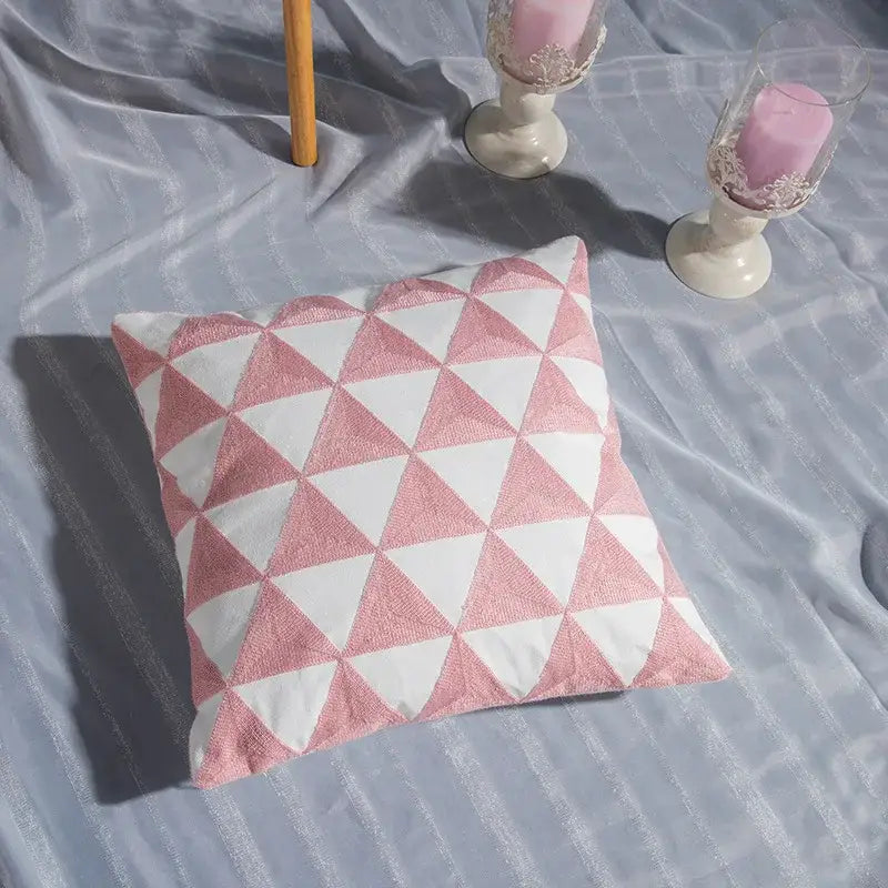A pink and white cotton flower embroidered geometry pillow with textured fabric for living room decorbites decor