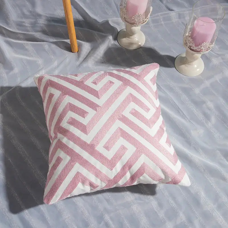 A square pink and white cotton flower embroidered geometry pillow with soft fabric for living room decorbites cotton flower decor