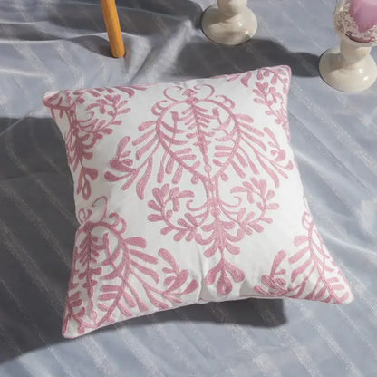 A square white cotton flower embroidered cushion with intricate pink floral geometry for living room decorbites cotton flower