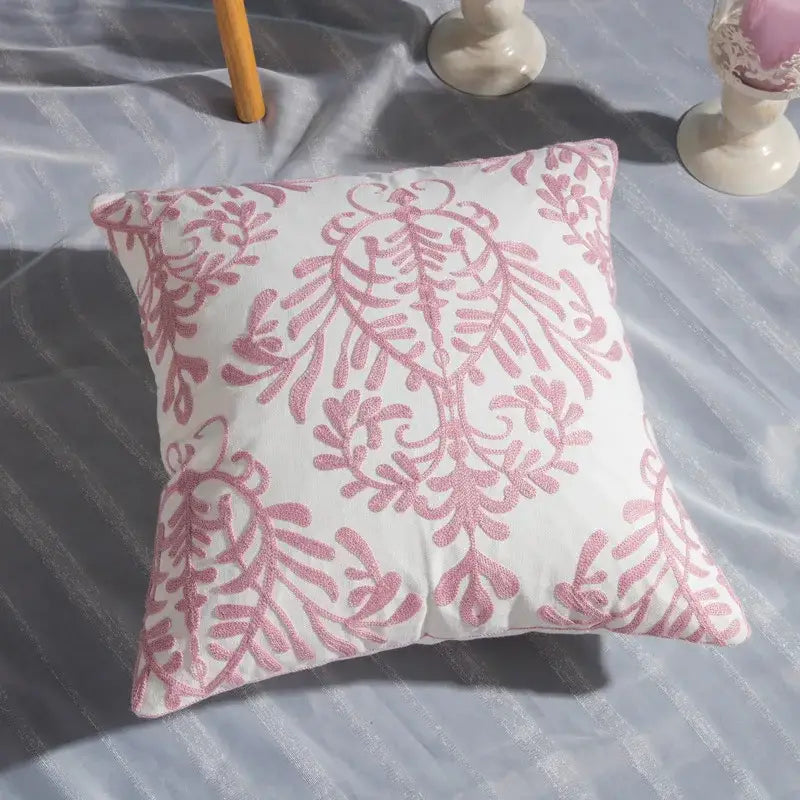 A square white cotton flower embroidered cushion with intricate pink floral geometry for living room decorbites cotton flower