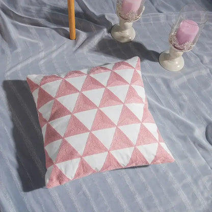 A pink and white square cotton flower embroidered geometry pillow with textured fabric for living room decorbites cotton flower