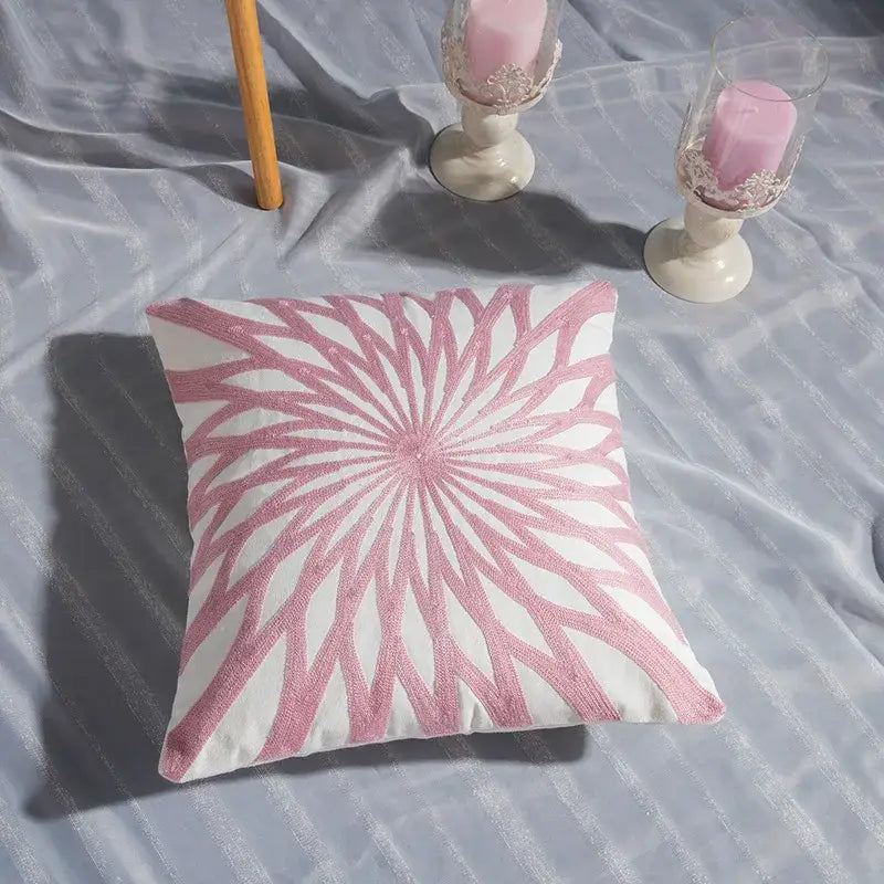 Square decorbites cotton flower embroidered pillow with white base and pink flower embroidered geometry pattern for living room