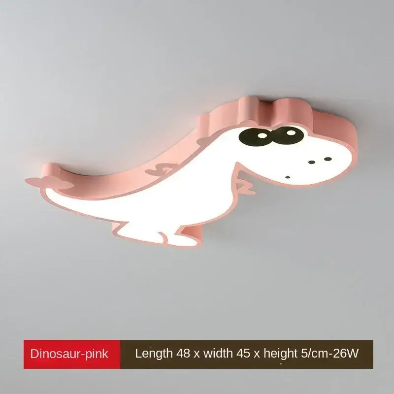 Pink and white decorbites dinosaur led ceiling lamp featuring a cute dinosaur shape with illuminated body and black eyes