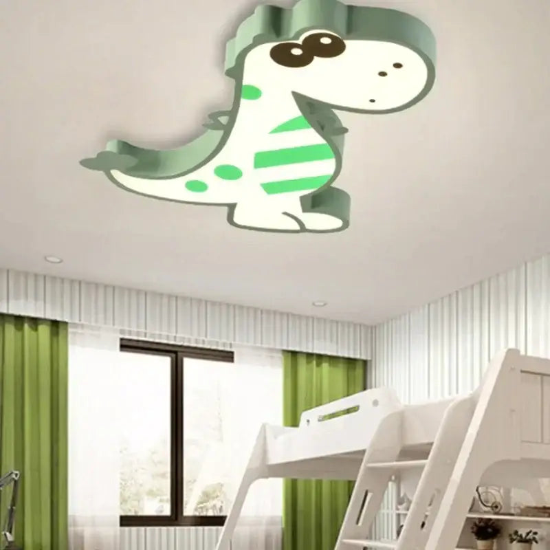 A charming green and white decorbites dinosaur led ceiling lamp with striped patterns for kids bedroom decor