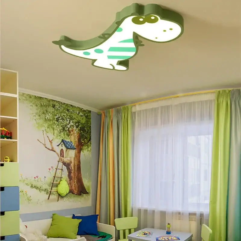 Green and white striped dinosaur led ceiling lamp by decorbites for kids bedroom decor and lighting