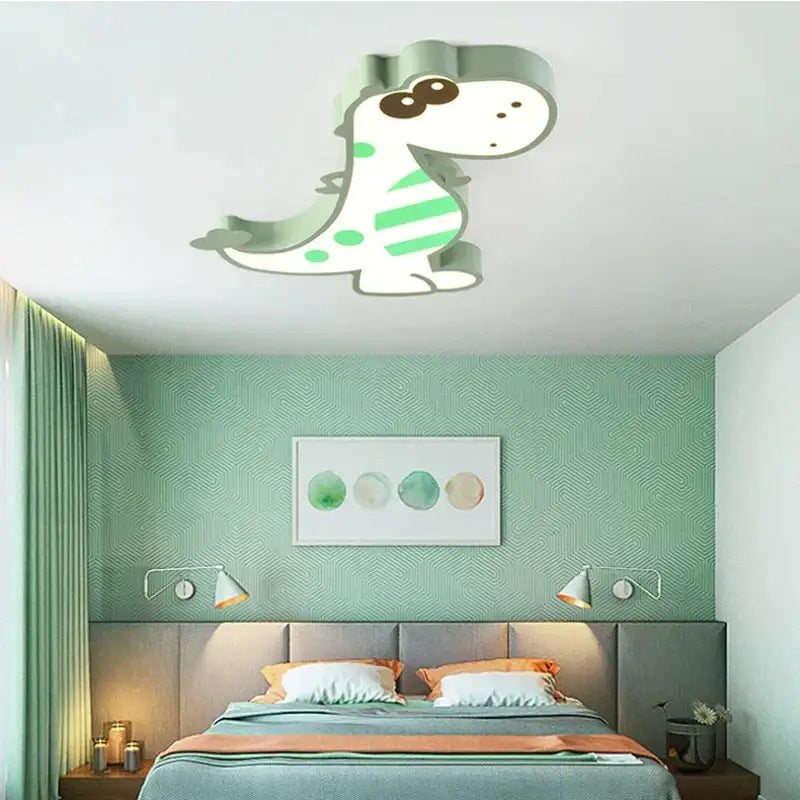A pink and white decorbites dinosaur led ceiling lamp with green and white striped dinosaur design for kids bedroom decor