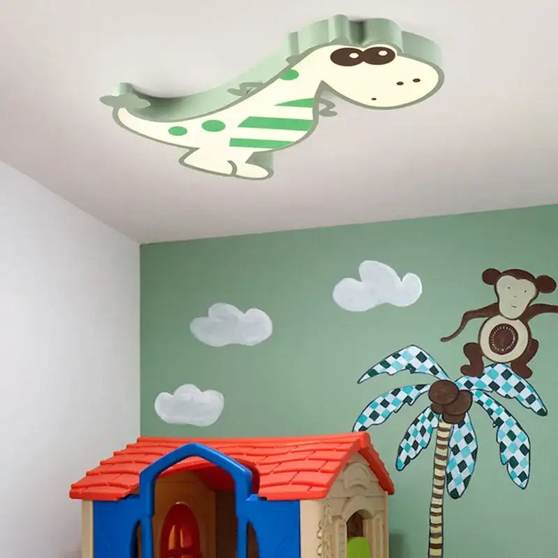 A light green decorbites dinosaur led ceiling lamp with white and green stripes for kids bedroom decor