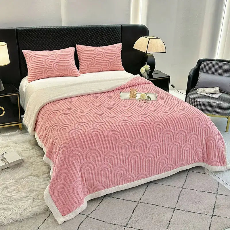 Pink and white double layered flannel arch plush blanket with raised wave pattern and white fleece trim for bedroom use
