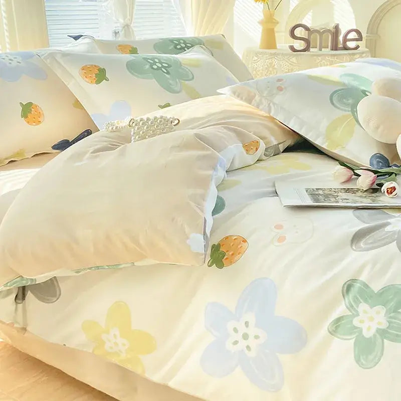 Pastel floral decorbites cotton printed bedding set with strawberry and flower patterns in soft cream and blue tones