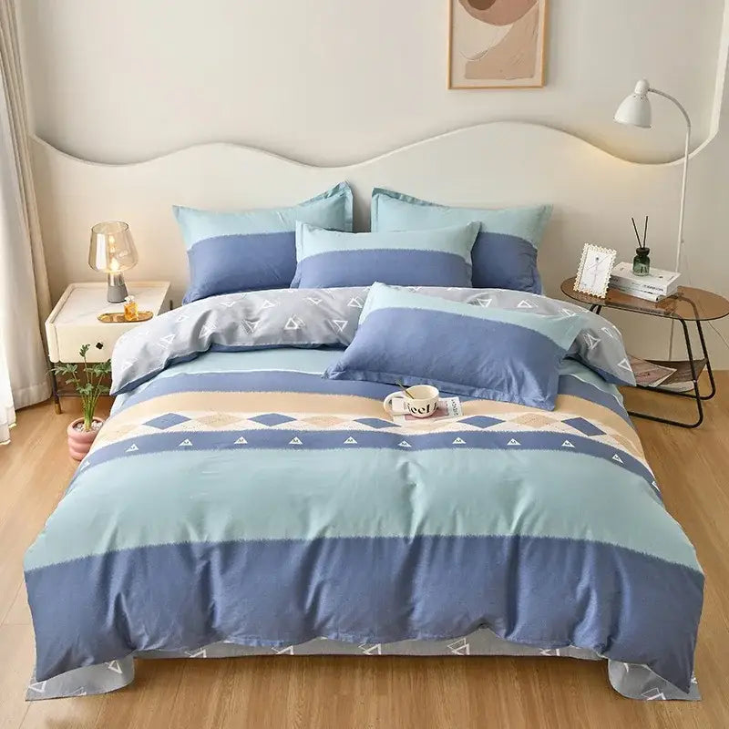 Blue and beige striped bedding set with geometric triangle patterns decorbites cotton printed cotton printed bedding