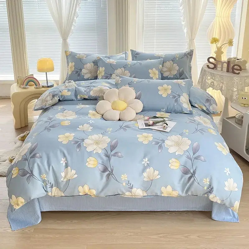 Light blue floral bedding set with cream and gray blossoms in decorbites cotton printed soft fabric finish