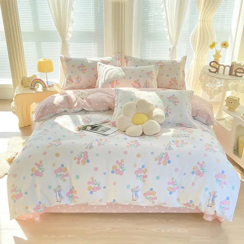 Pink and white floral cotton printed bedding set with soft satin finish and decorbites cotton printed material