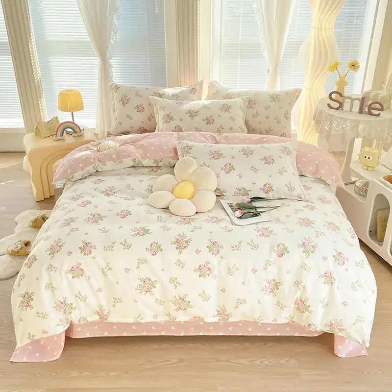 Pink and white floral cotton printed bedding set with pastel rose patterns on soft cream cotton fabric decorbites cotton printed